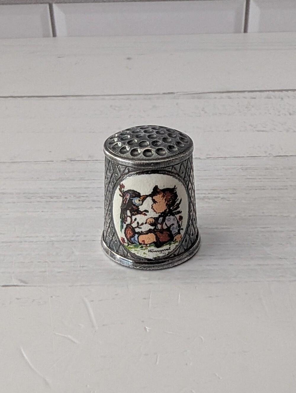 Vintage M.J. Hummel Silver Plated Sewing Thimble - "Sitting Boy with Bird"
